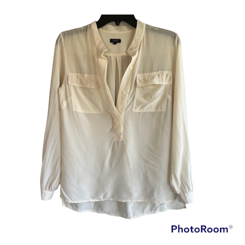 Talbots 100% Silk Cream Partial Button Front Long… - image 1